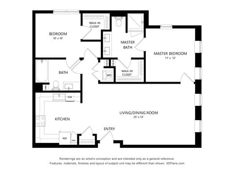 Floor plan for 2 beds, 2 baths, 1130 sqft
